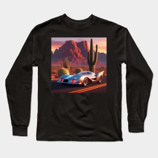 A Retro-Futuristic Racing Car Travelling Through The Arizona Desert At Dusk. Long Sleeve T-Shirt